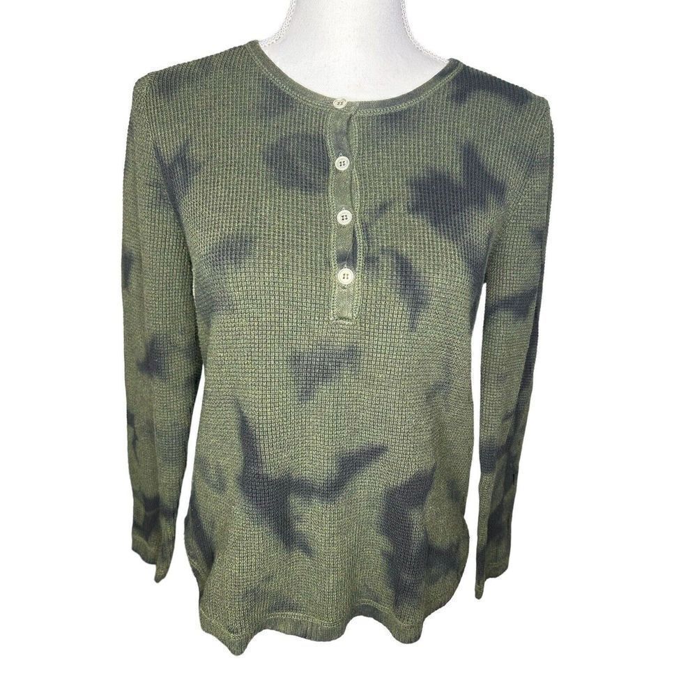 Lisa Todd Waffle Knit Pop Henley Tie Dye Top Womens Size S Black Green